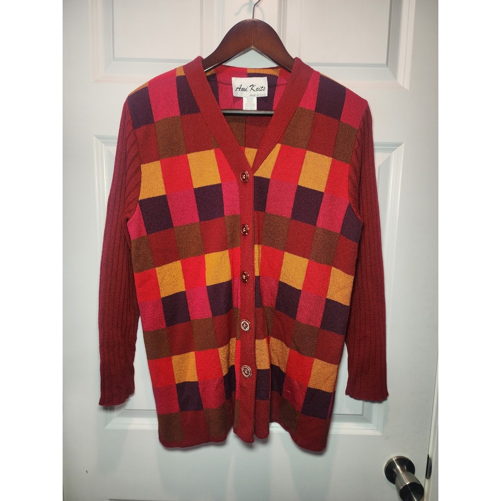 Vintage 90s Ami Knits Checkerboard Cardigan Sweater Red Orange Made in USA Sz 14